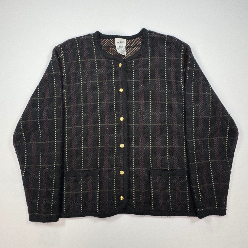 Liz Baker Vintage Cardigan Sweater Womens Medium Black Gold Button Knit Pockets